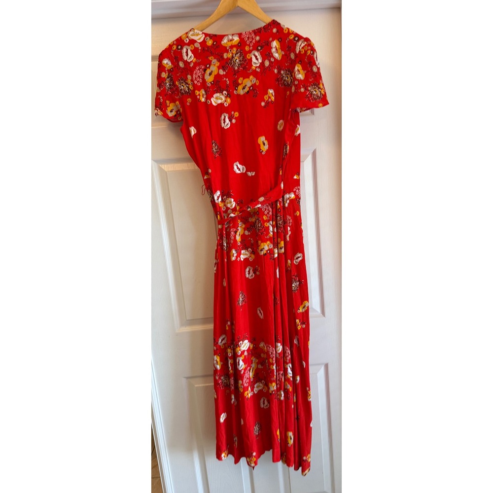 Free People Wrap Dress Women Large Red Floral Flutter Sleeve V-Neck Maxi Boho - Picture 5 of 9